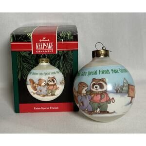 Hallmark Ornament Extra-Special Friends Glass Ball 1991 Rabbit Raccoon Squirrel